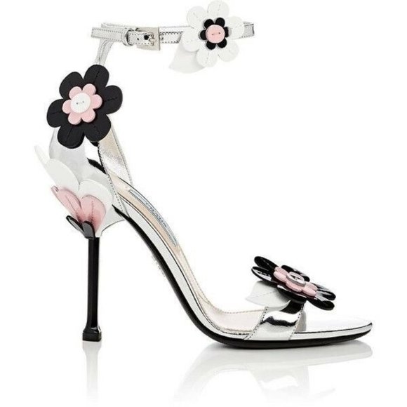 Prada Shoes - Prada Women's Sz 36 US 6 Silver Metallic Flower Applique Stiletto Sandals Heels